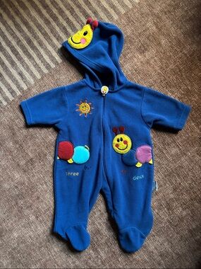 Blue Fleece Baby One-Piece with Smiley Caterpillar